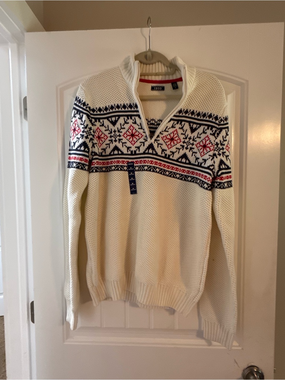 Izod Cream Fair Isle Half-Zip Sweater with Navy & Red Accents